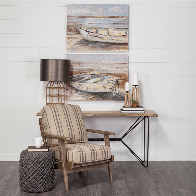 Pemberly Row Striped Light Brown Jute Fabric Wrapped Wooden Frame Chair