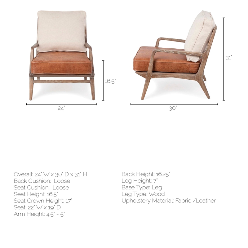 Pemberly Row Cream Fabric and Brown Leather Seat Accent Chair