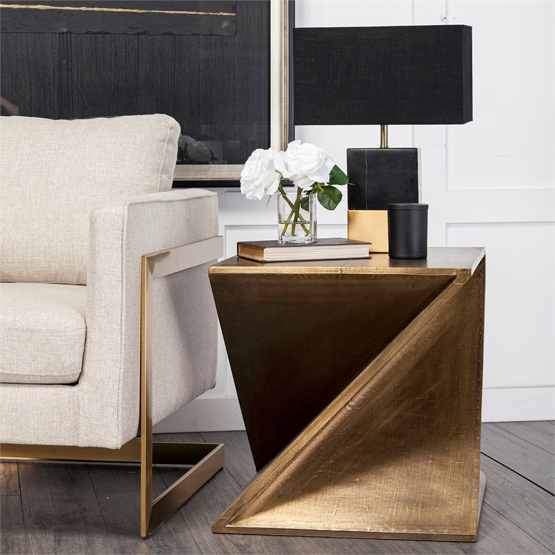 Pemberly Row 20x20.8 Z-Shaped Brass-Clad Wooden Accent Table