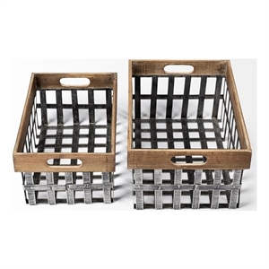 Pemberly Row Set of 2 Open Crate Style Brown Wood/Metal Baskets