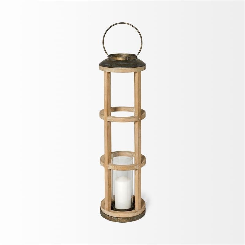 Pemberly Row Farmhouse Large Natural Wood Cylindrical Lantern