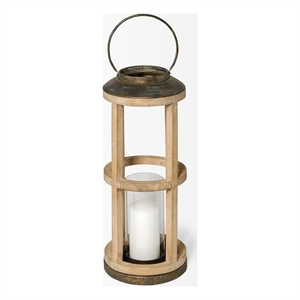Pemberly Row Farmhouse Small Natural Wood Cylindrical Lantern