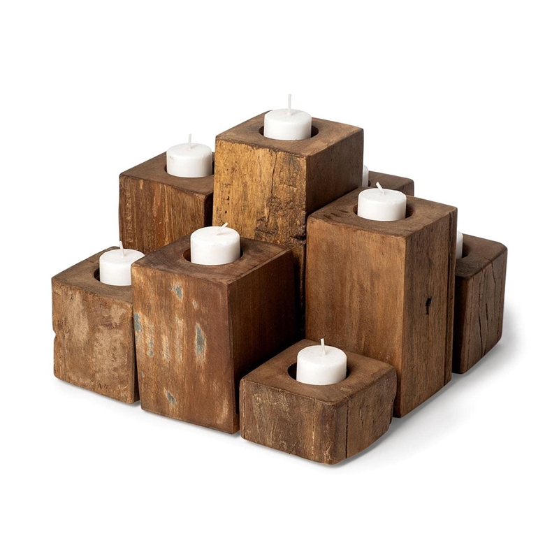 Pemberly Row Farmhouse Light Brown Nine Wood Block Table C&le Holder