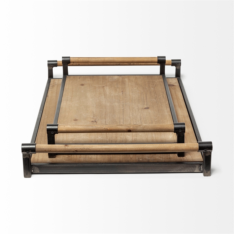 Pemberly Row Set of Two Light Brown Wood Black Iron Decorative Serving Trays