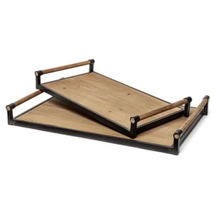 Pemberly Row Set of Two Light Brown Wood Black Iron Decorative Serving Trays