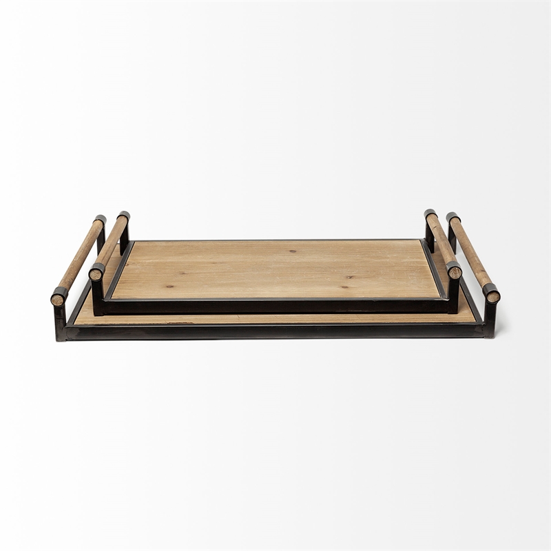 Pemberly Row Set of Two Light Brown Wood Black Iron Decorative Serving Trays