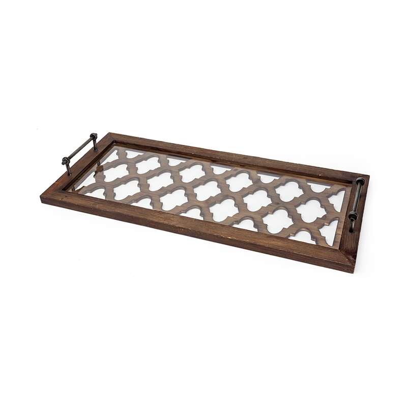 Pemberly Row Brown Wood with Glass Top Rectangular Serving Tray