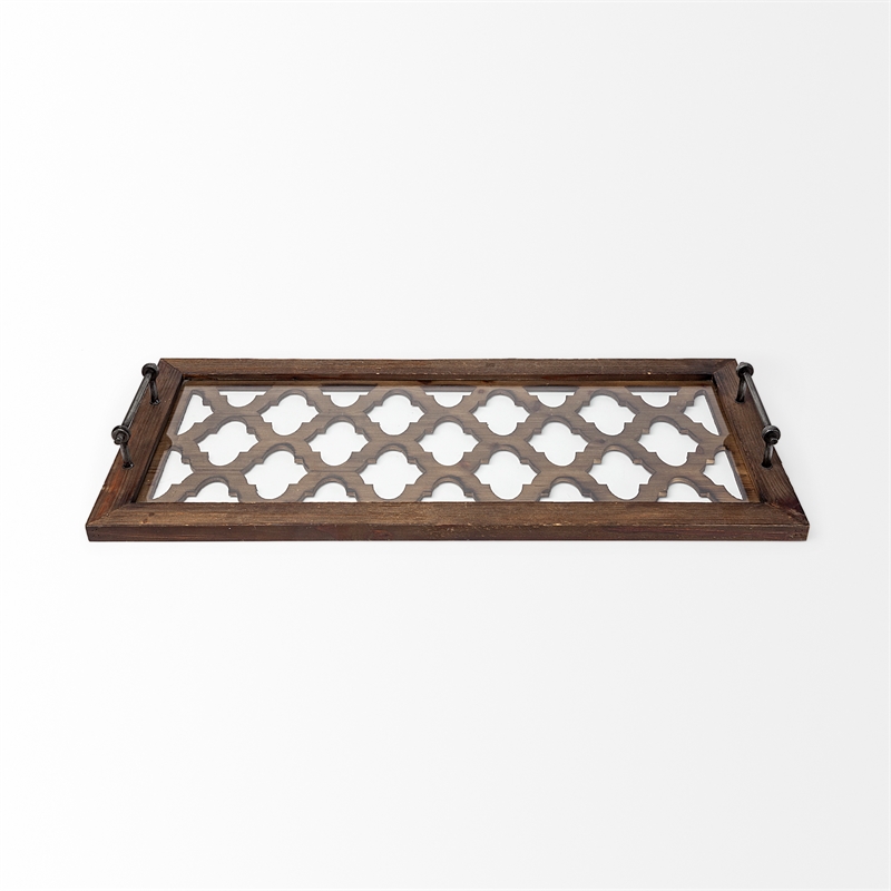 Pemberly Row Brown Wood with Glass Top Rectangular Serving Tray