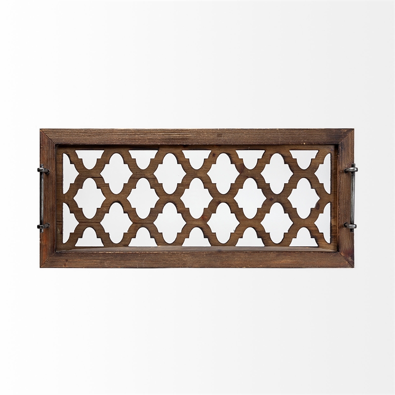 Pemberly Row Brown Wood with Glass Top Rectangular Serving Tray