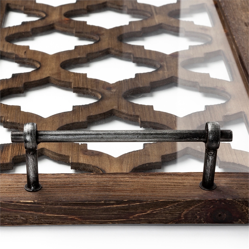 Pemberly Row Brown Wood with Glass Top Rectangular Serving Tray