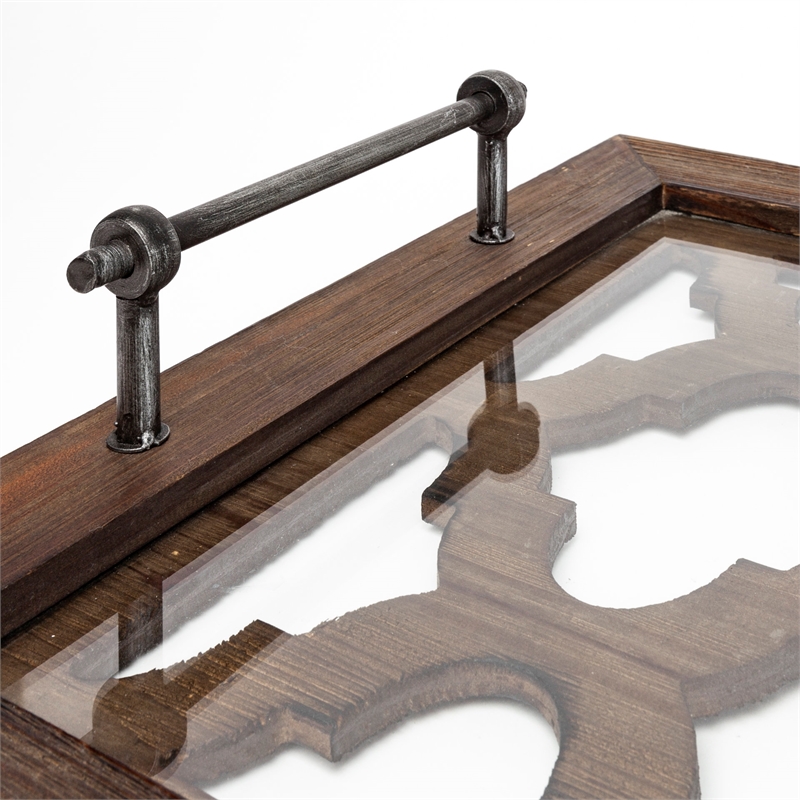 Pemberly Row Brown Wood with Glass Top Rectangular Serving Tray
