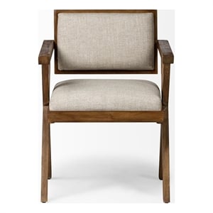 Pemberly Row Cream Fabric Wrap Medium Brown Wooden Frame Dining Chair