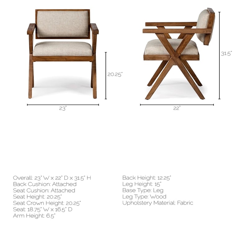 Pemberly Row Cream Fabric Wrap Medium Brown Wooden Frame Dining Chair