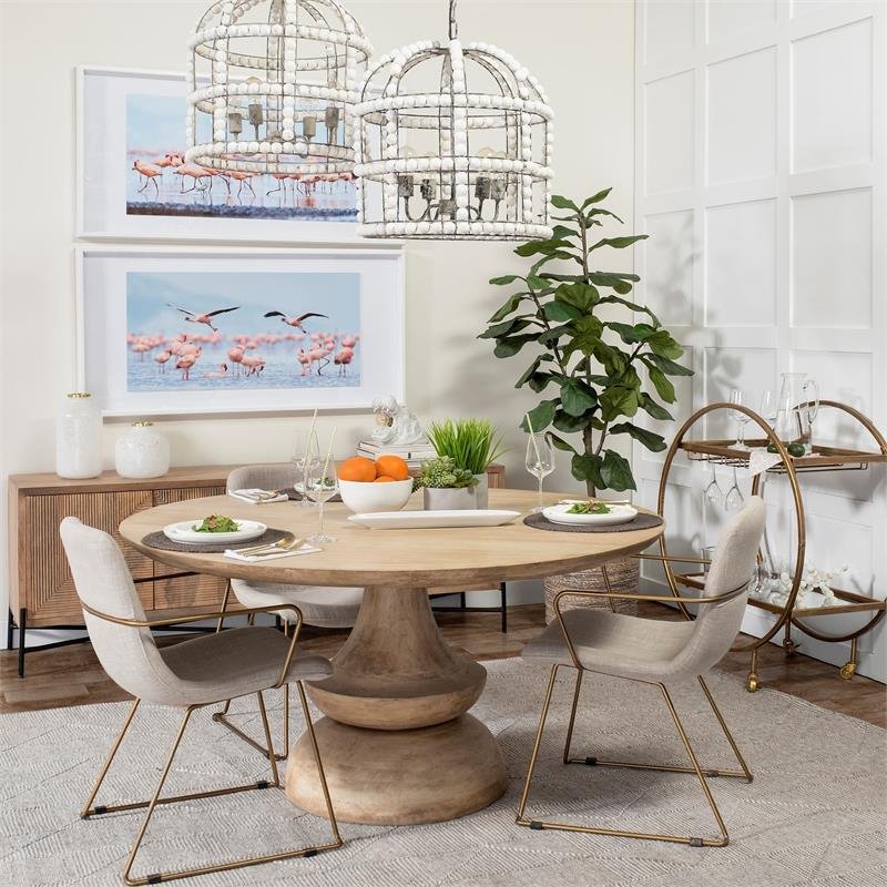 Pemberly Row Cream Fabric Wrap Gold Metal Frame Dining Chair