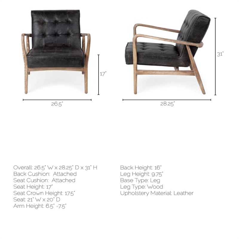 Pemberly Row Black Leather Wrapped Ash Wood Frame Accent Chair