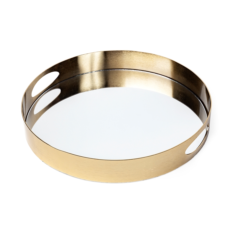 Pemberly Row Contemporary Gold Metal Mirrored Base Round Tray