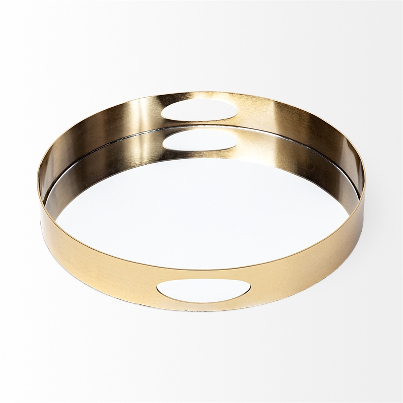 Pemberly Row Contemporary Gold Metal Mirrored Base Round Tray