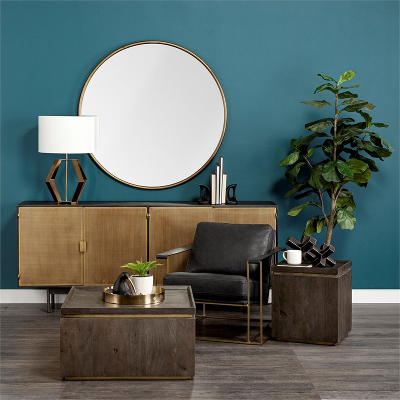 Pemberly Row Contemporary Gold Metal Mirrored Base Round Tray