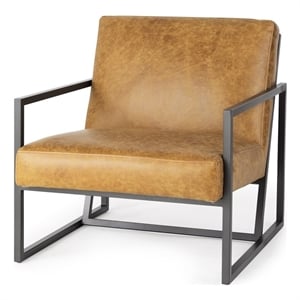 Pemberly Row Brown Leather Seat with Gray Metal Frame Accent Chair