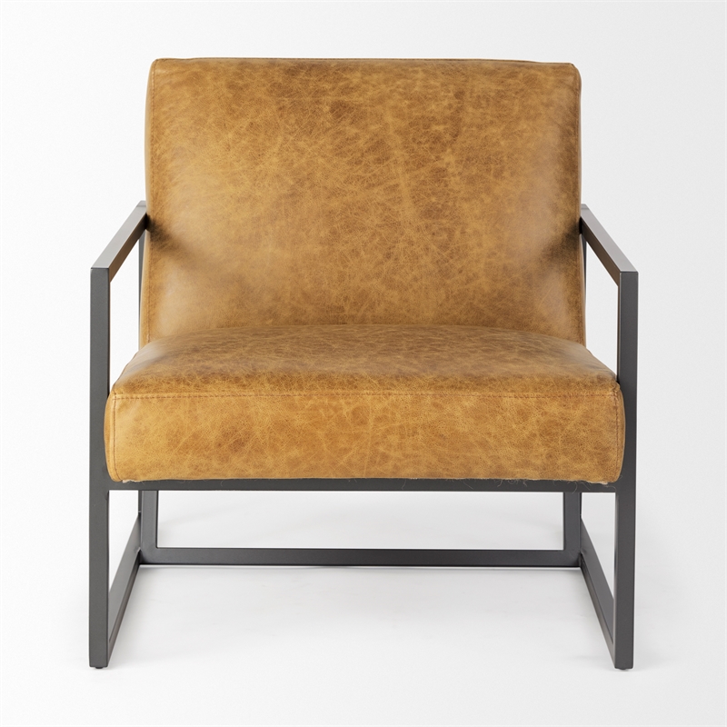 Pemberly Row Brown Leather Seat with Gray Metal Frame Accent Chair