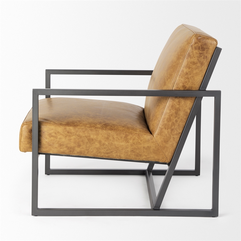 Pemberly Row Brown Leather Seat with Gray Metal Frame Accent Chair
