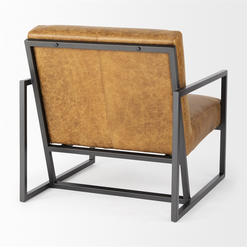 Pemberly Row Brown Leather Seat with Gray Metal Frame Accent Chair