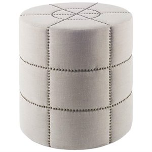 Pemberly Row 20.5&quotH Gray Fabric with Metal Tacks Round Ottoman