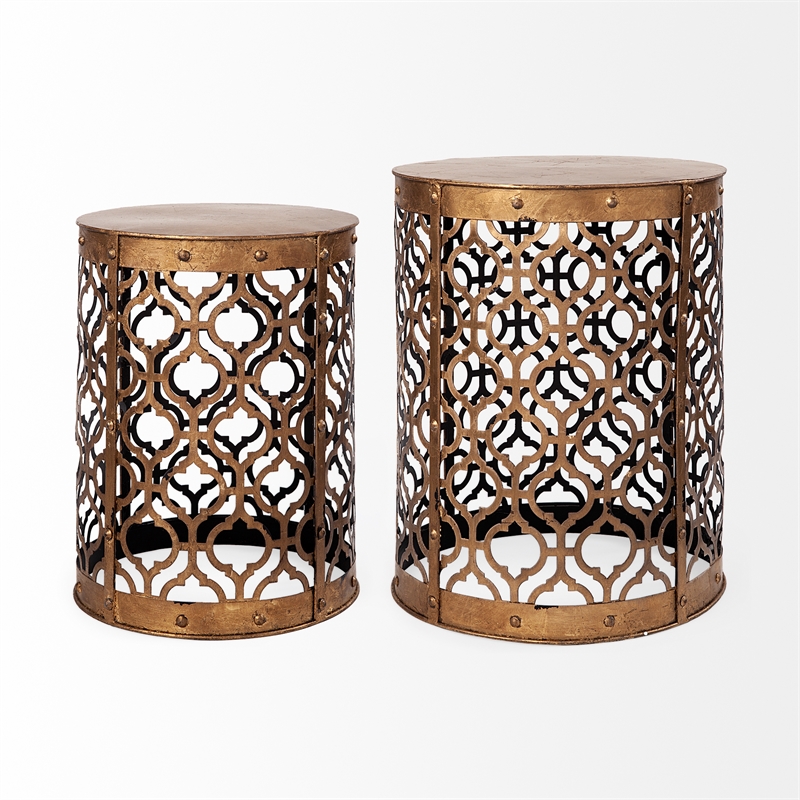Pemberly Row 16x15 Set of Two Cylindrical Gold Metal Accent Tables