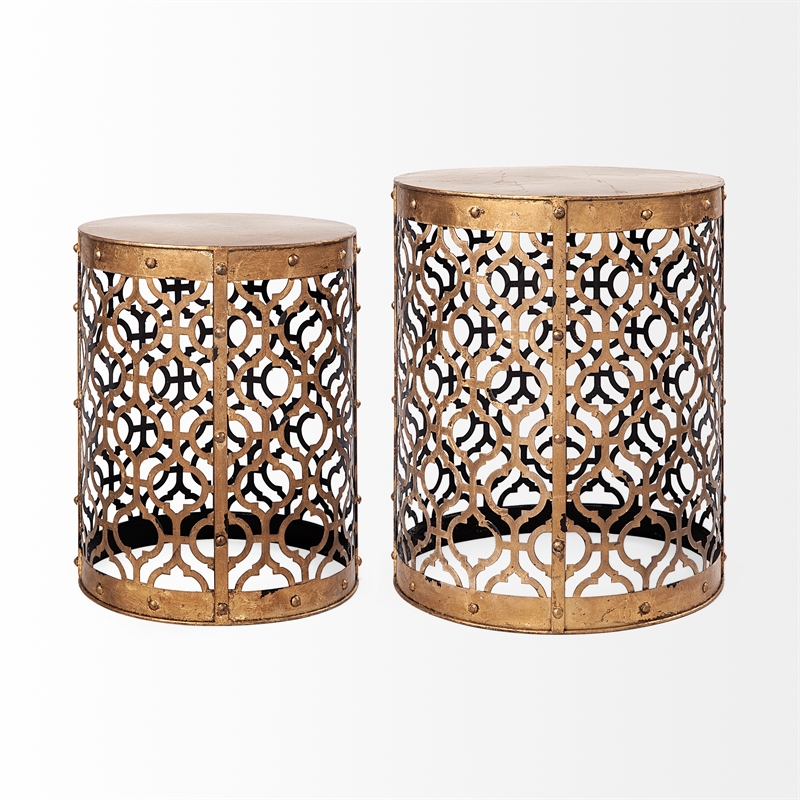 Pemberly Row 16x15 Set of Two Cylindrical Gold Metal Accent Tables