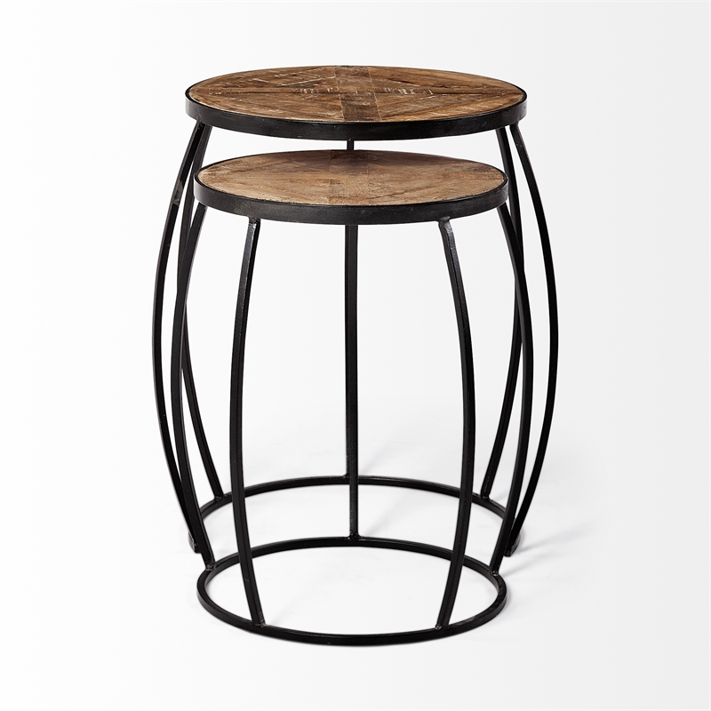 Pemberly Row Set of Two Round Top Brown Wooden Nesting Accent Tables