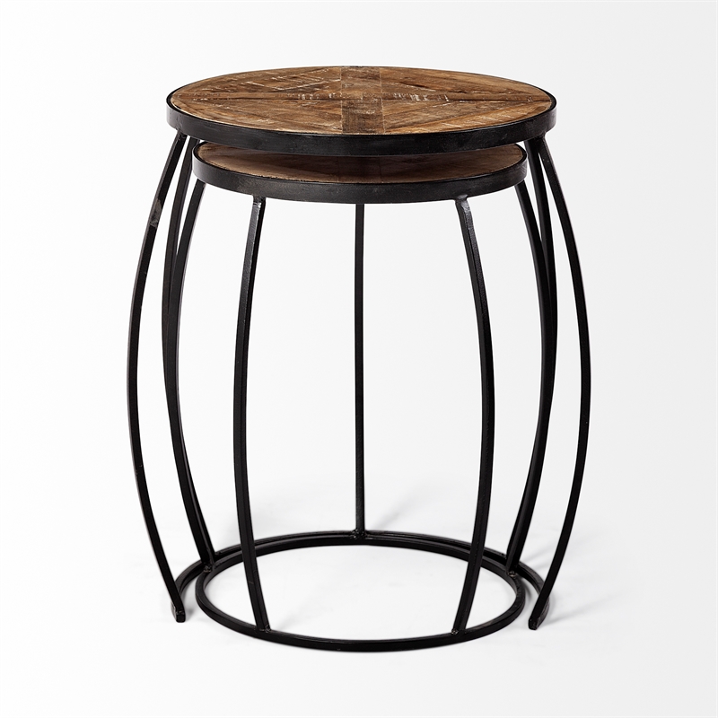 Pemberly Row Set of Two Round Top Brown Wooden Nesting Accent Tables