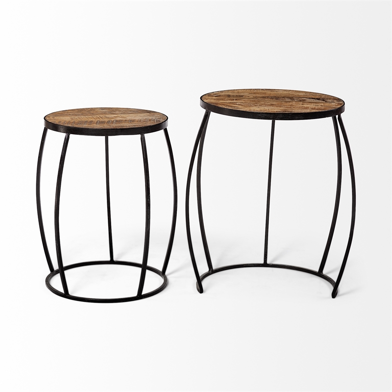 Pemberly Row Set of Two Round Top Brown Wooden Nesting Accent Tables