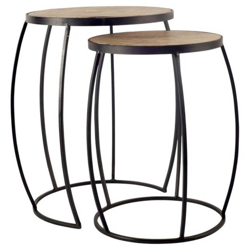 Pemberly Row Set of Two Round Top Brown Wooden Nesting Accent Tables