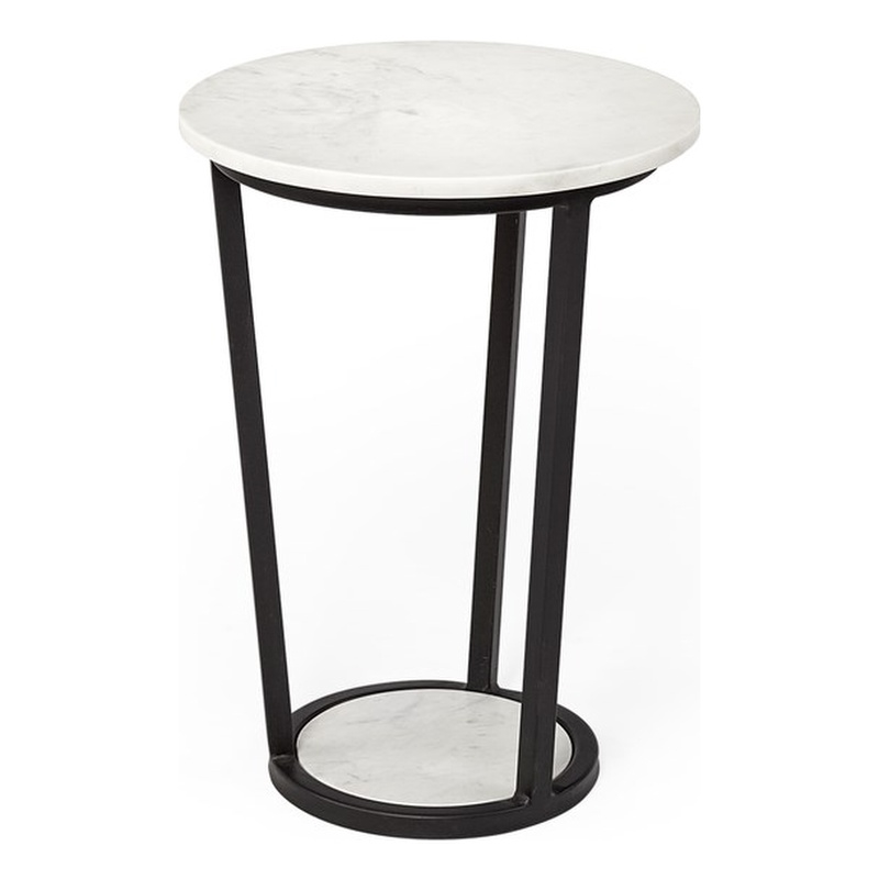 Pemberly Row 15x20.9 Round White Marble Top & Black Metal Frame Table