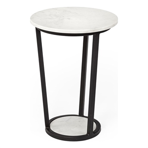 Pemberly Row 15x20.9 Round White Marble Top & Black Metal Frame Table