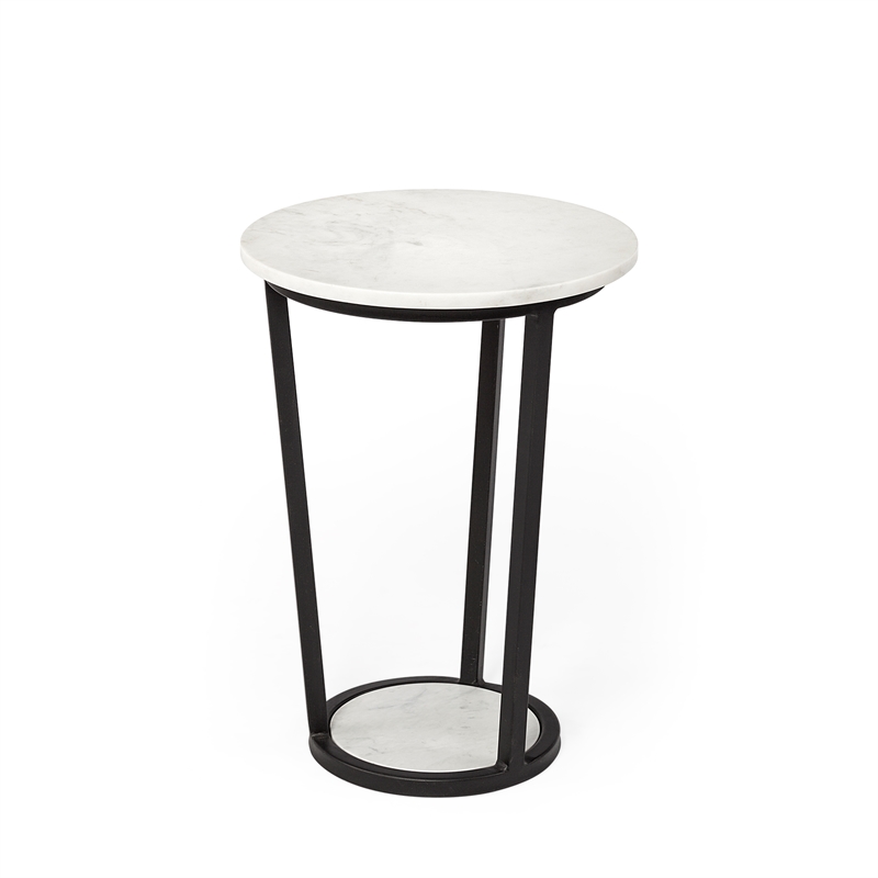 Pemberly Row 15x20.9 Round White Marble Top & Black Metal Frame Table