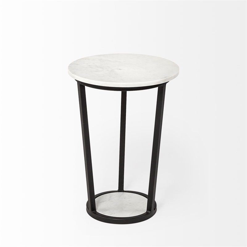 Pemberly Row 15x20.9 Round White Marble Top & Black Metal Frame Table