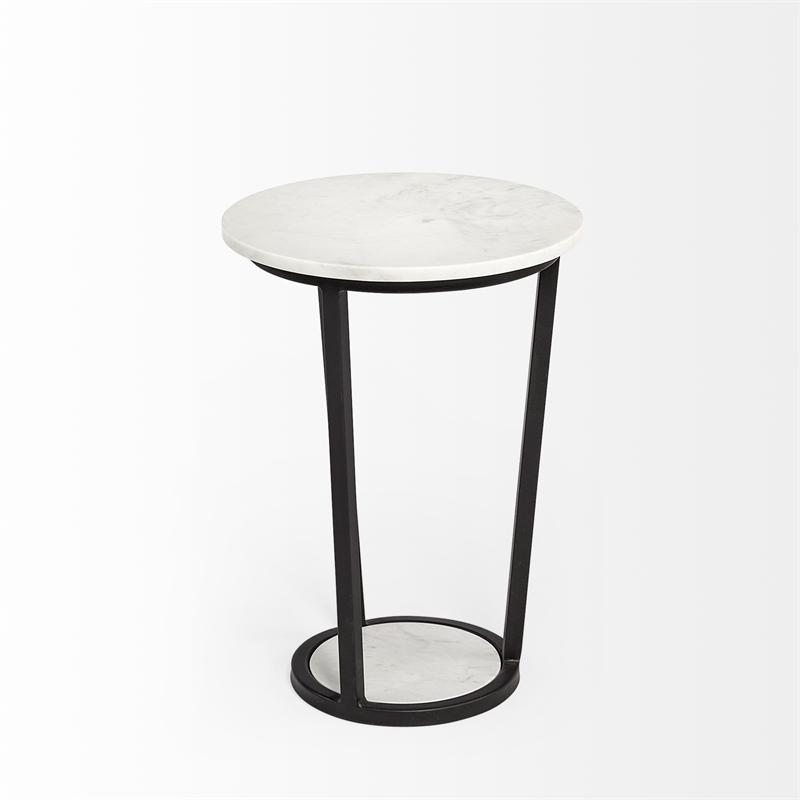 Pemberly Row 15x20.9 Round White Marble Top & Black Metal Frame Table