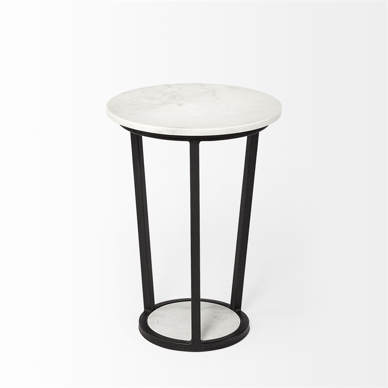 Pemberly Row 15x20.9 Round White Marble Top & Black Metal Frame Table