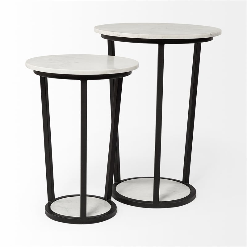 Pemberly Row 15x20.9 Round White Marble Top & Black Metal Frame Table