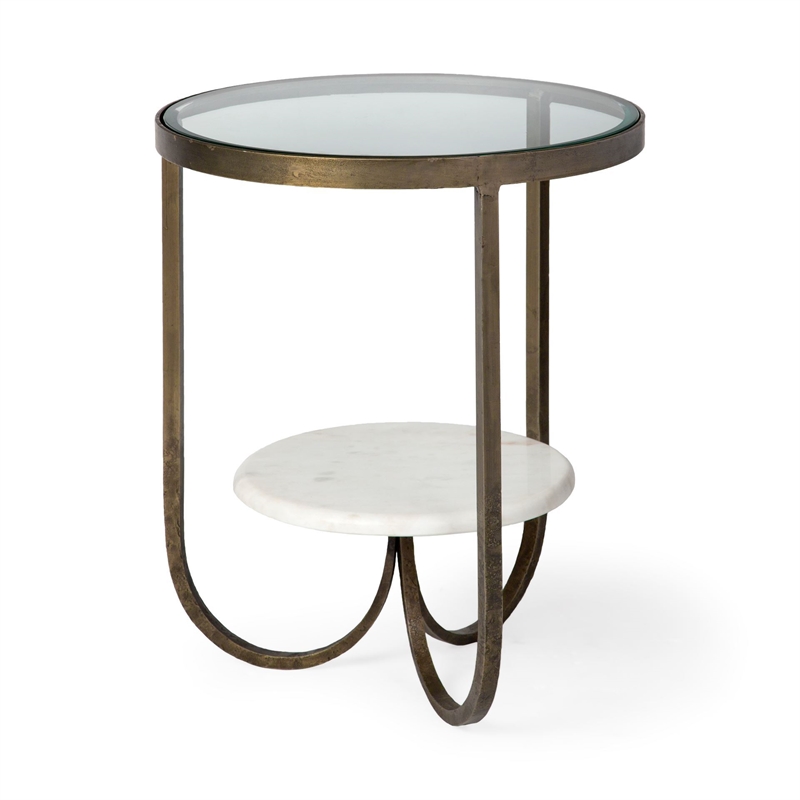 Pemberly Row Round Glass Top Gold Metal and Marble Detail End/Side Table