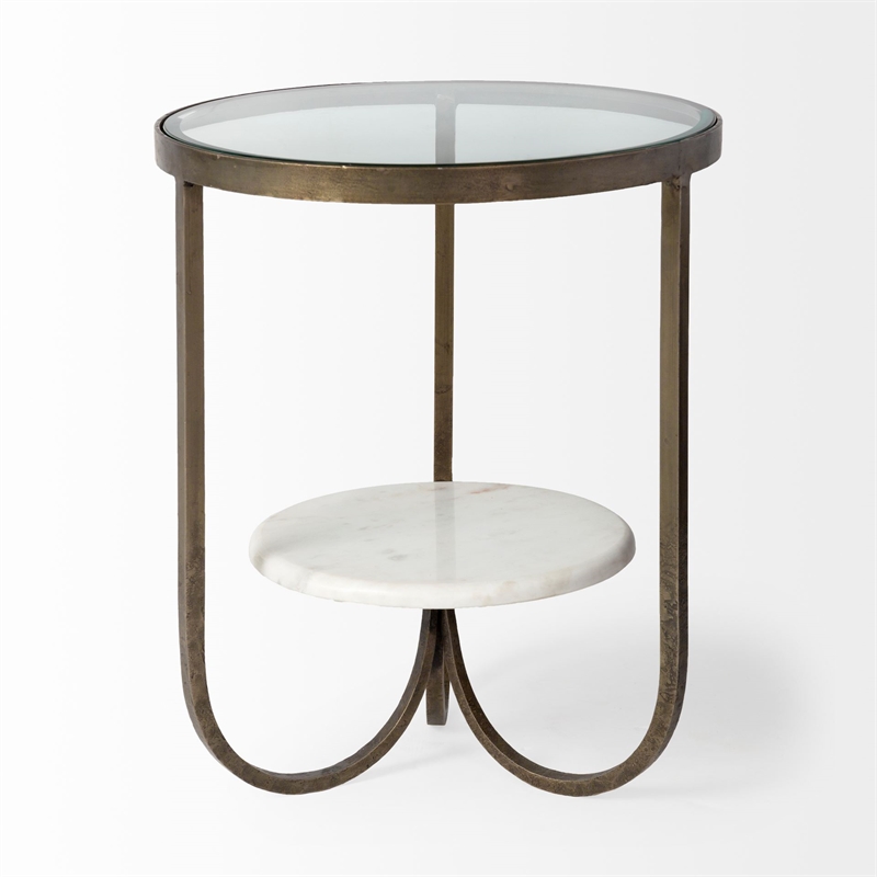 Pemberly Row Round Glass Top Gold Metal and Marble Detail End/Side Table