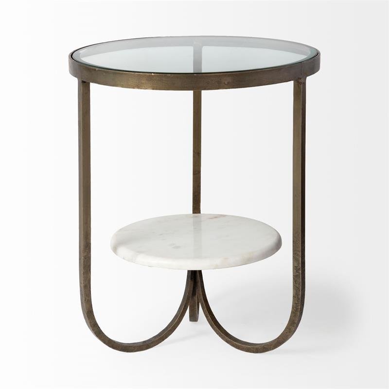 Pemberly Row Round Glass Top Gold Metal and Marble Detail End/Side Table