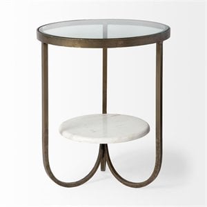 Pemberly Row Round Glass Top Gold Metal and Marble Detail End/Side Table