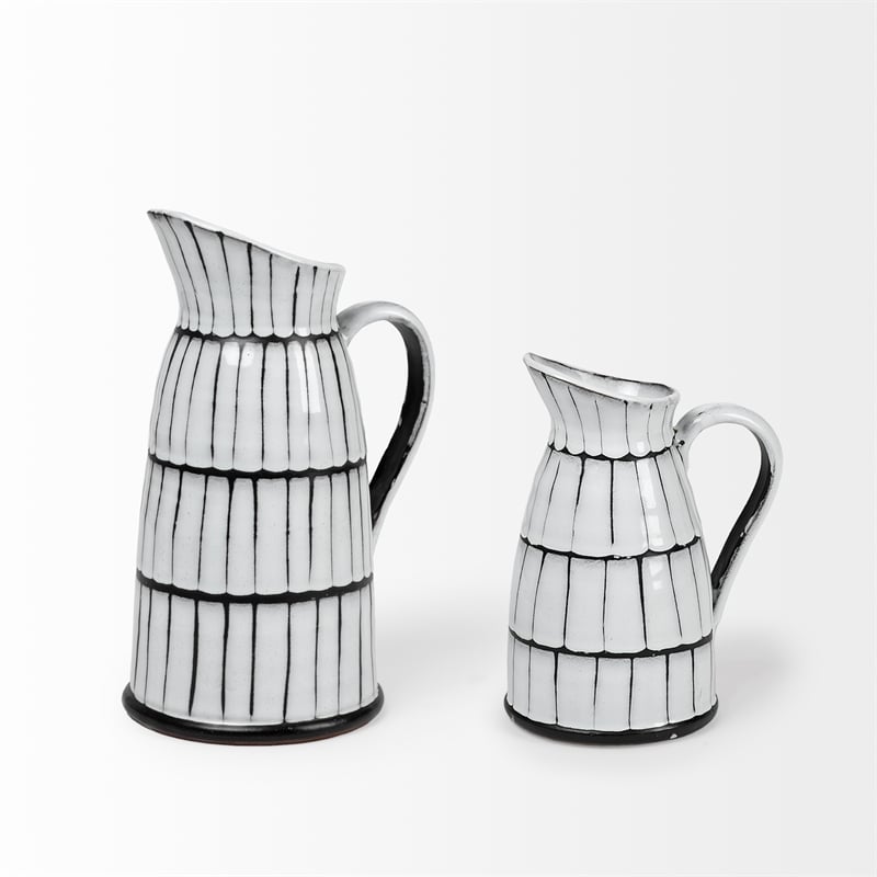 Pemberly Row Farmhouse Small Decorative White/Black Ceramic Jug