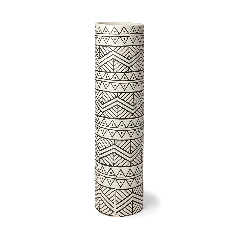 Pemberly Row Large Cream/Black Patterned Cylindrical Ceramic Vase