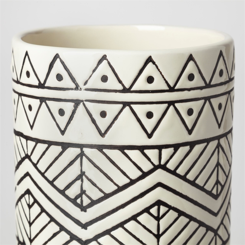 Pemberly Row Large Cream/Black Patterned Cylindrical Ceramic Vase