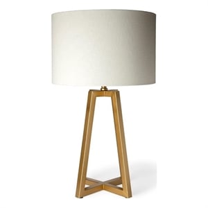 Pemberly Row 29&quotH White-Linen Drum Shade with Gold Metal Frame Table Lamp