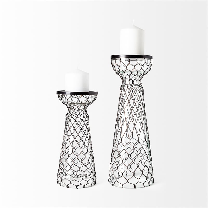 Pemberly Row Small Black Metal Snakeskin Pattern Glass Table Candle Holder