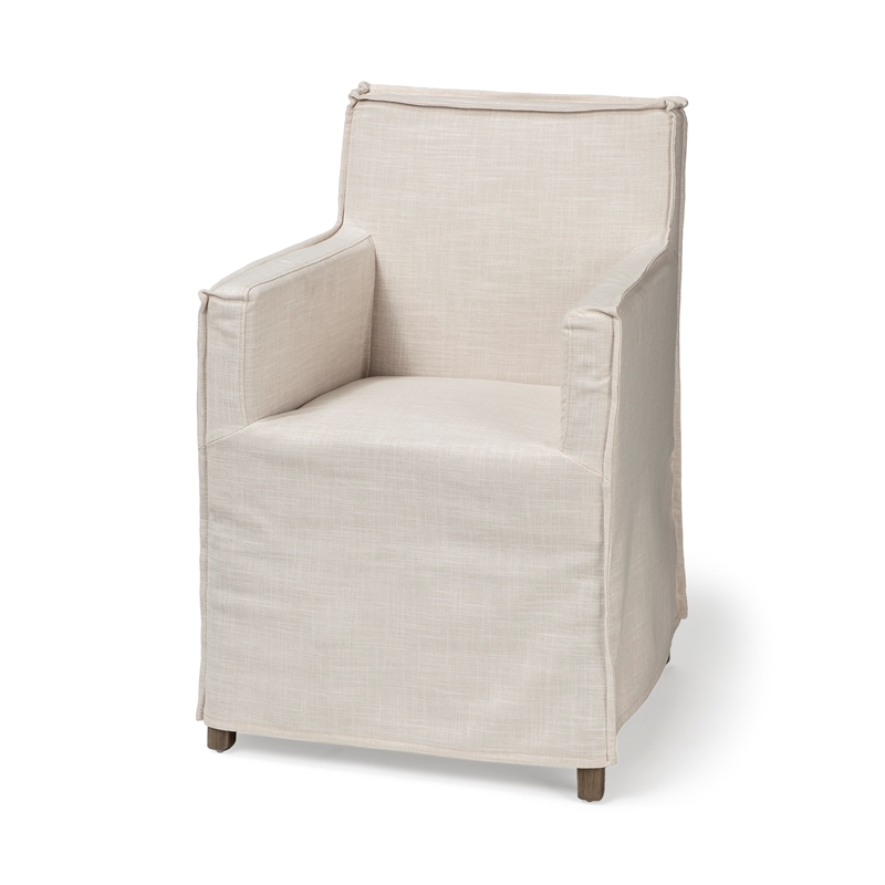 Pemberly Row Cream Fabric Slip-Cover Brown Wood Frame Dining Chair